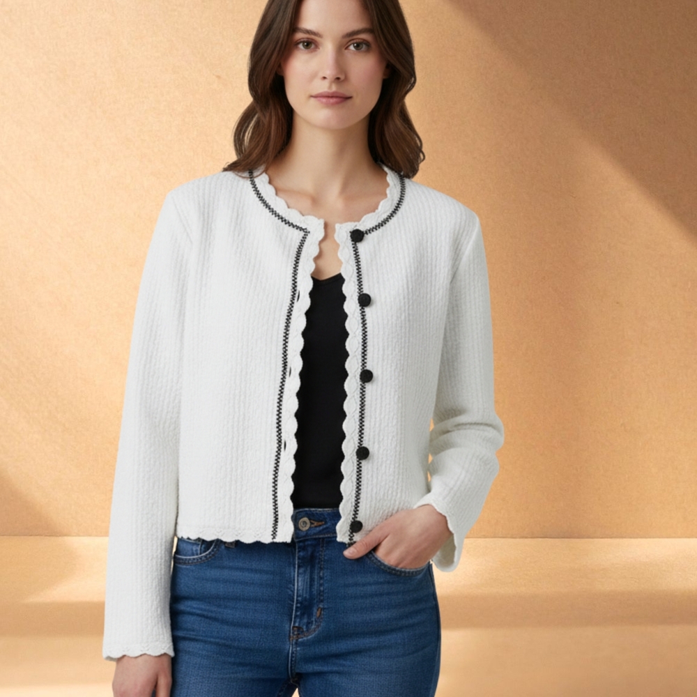 White Scallop-Trim Crewneck Cardigan Sweater